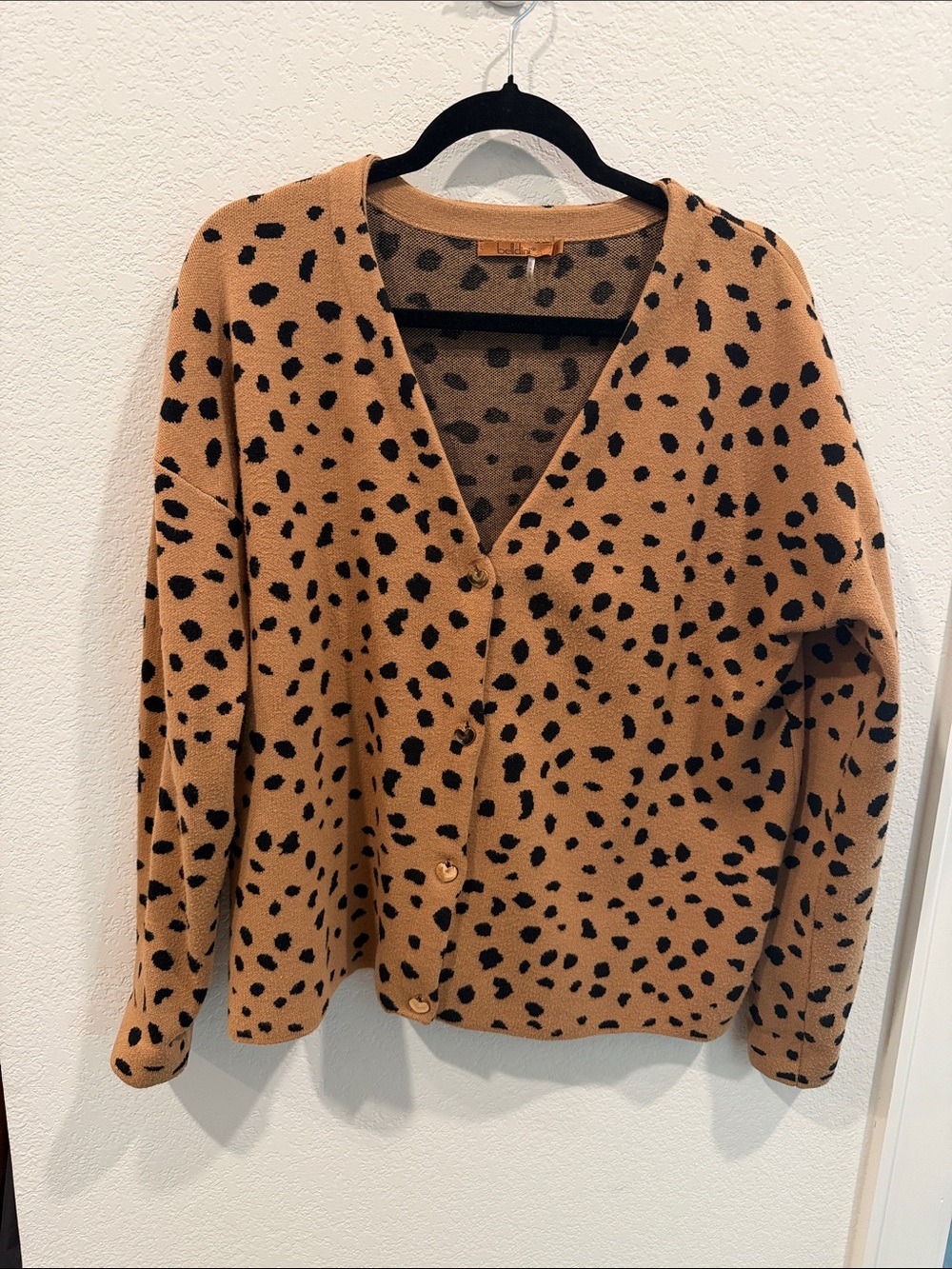 Belldini Tan and Black Spotted V-Neck Button Cardigan